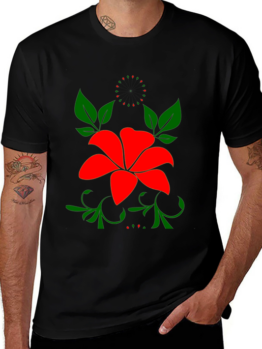 Floral Black T-Shirt - Bold Red Flower Design