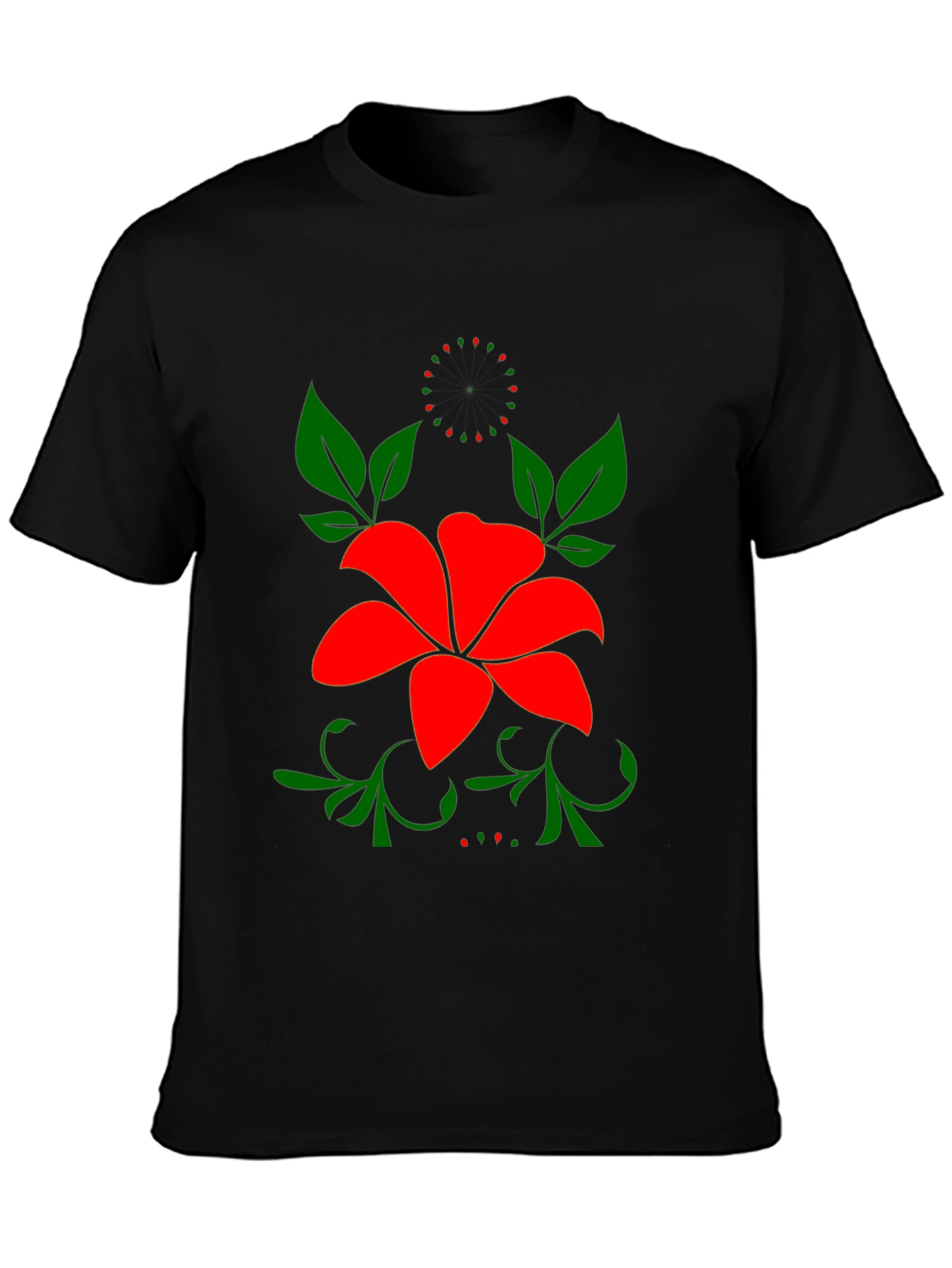 Floral Black T-Shirt - Bold Red Flower Design