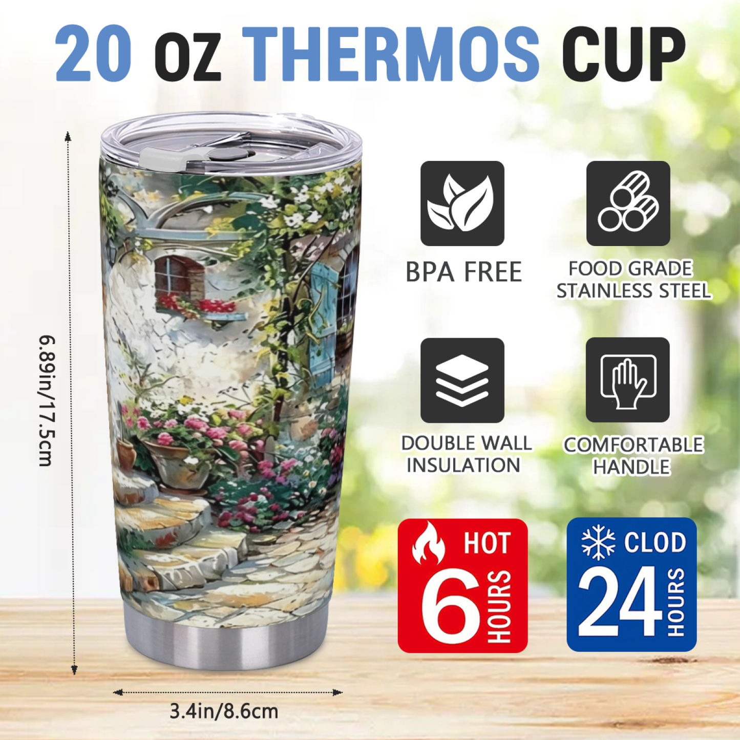 Rustic French Stone Cottage Secret Flower Garden 20oz Cup