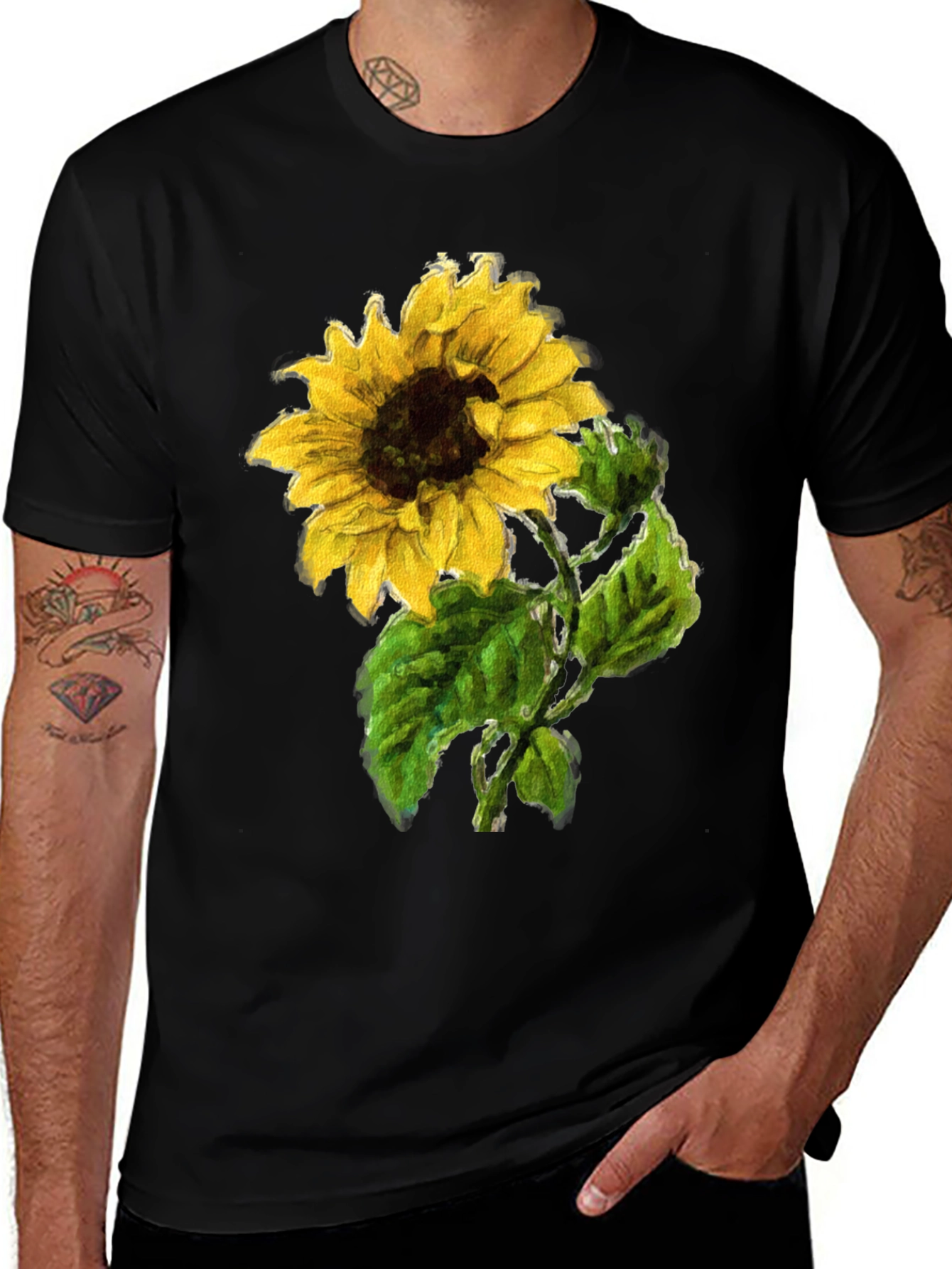 Sunflower Print Black T-Shirt