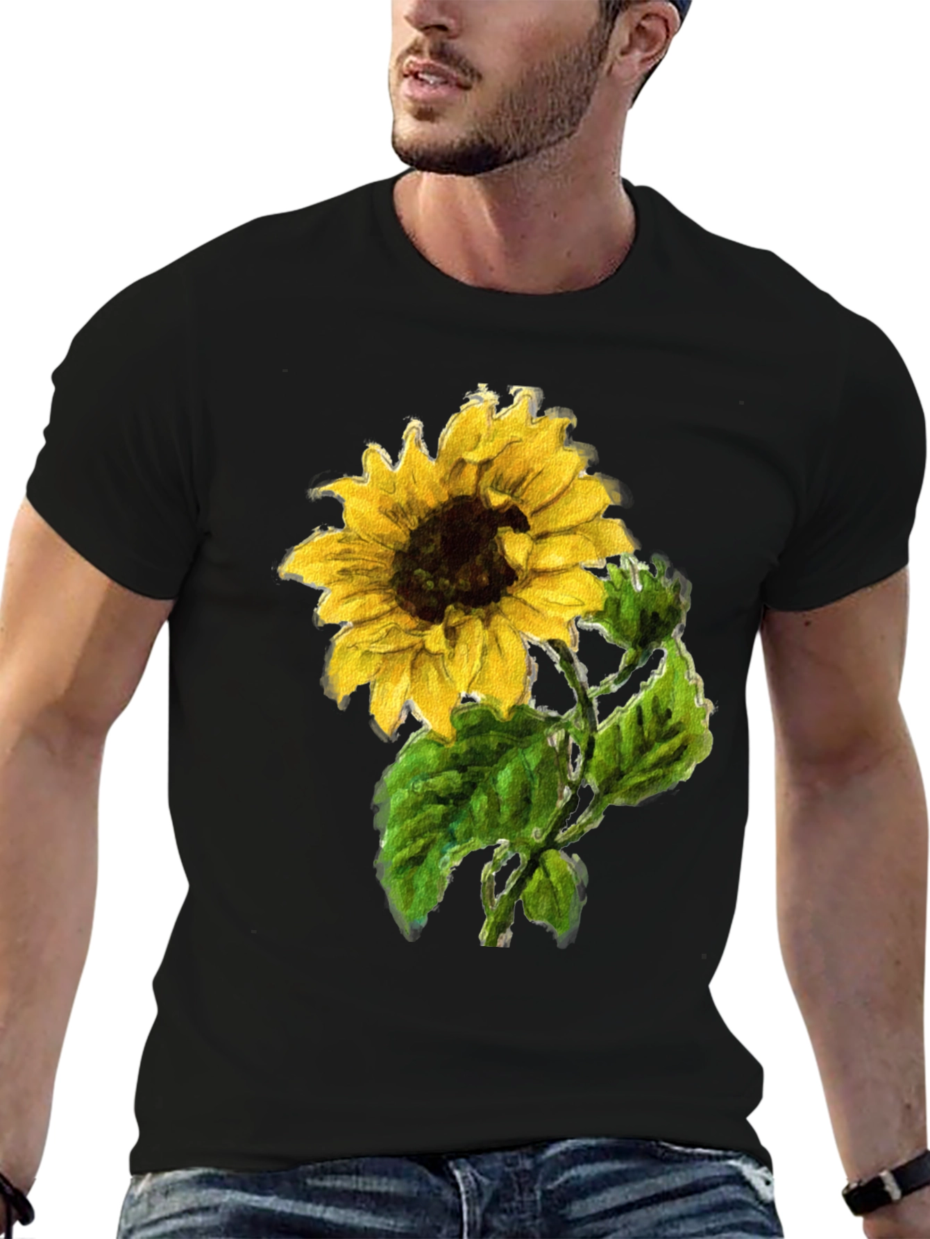 Sunflower Print Black T-Shirt