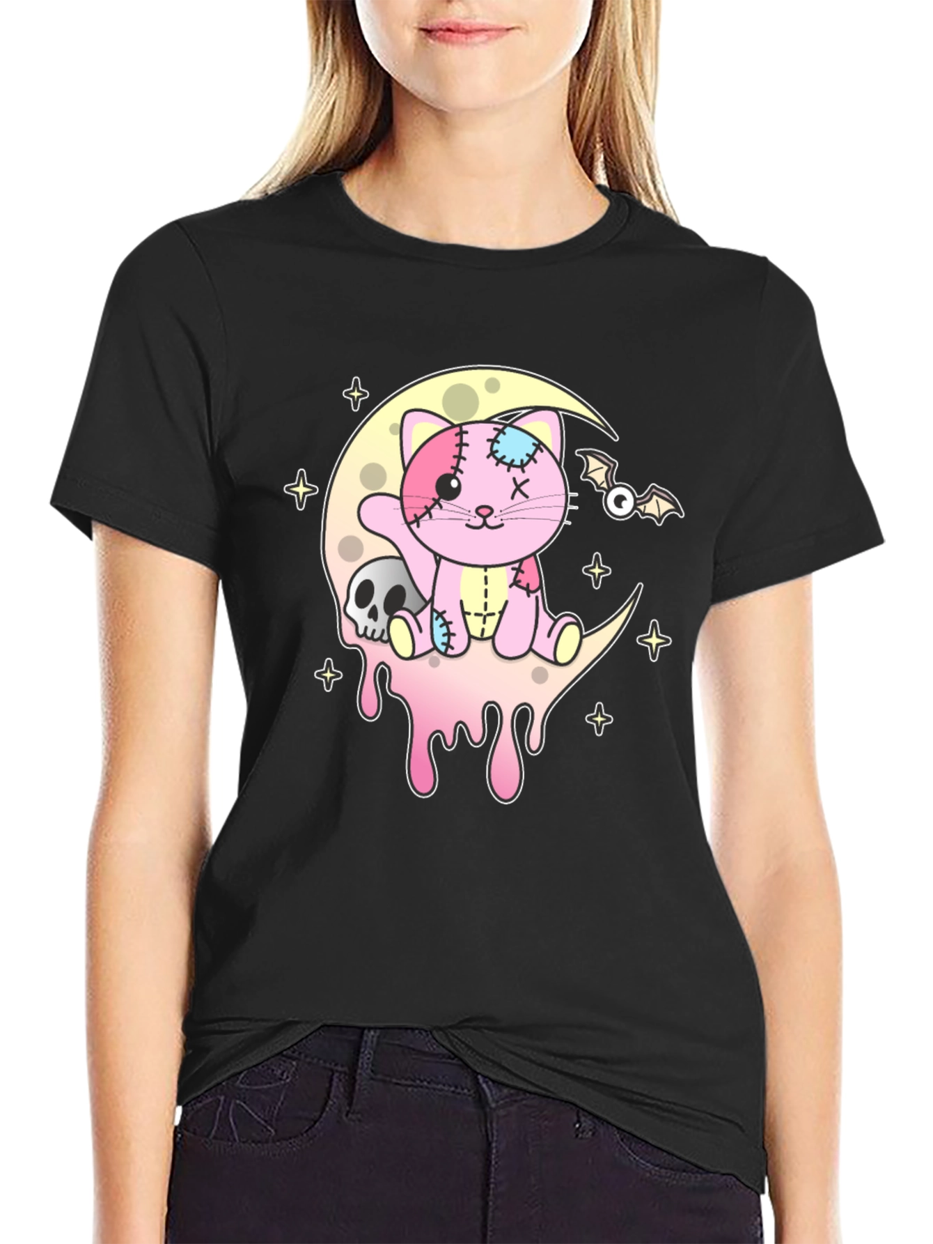 Cute Pastel Goth Cat Skull Moon T-Shirt