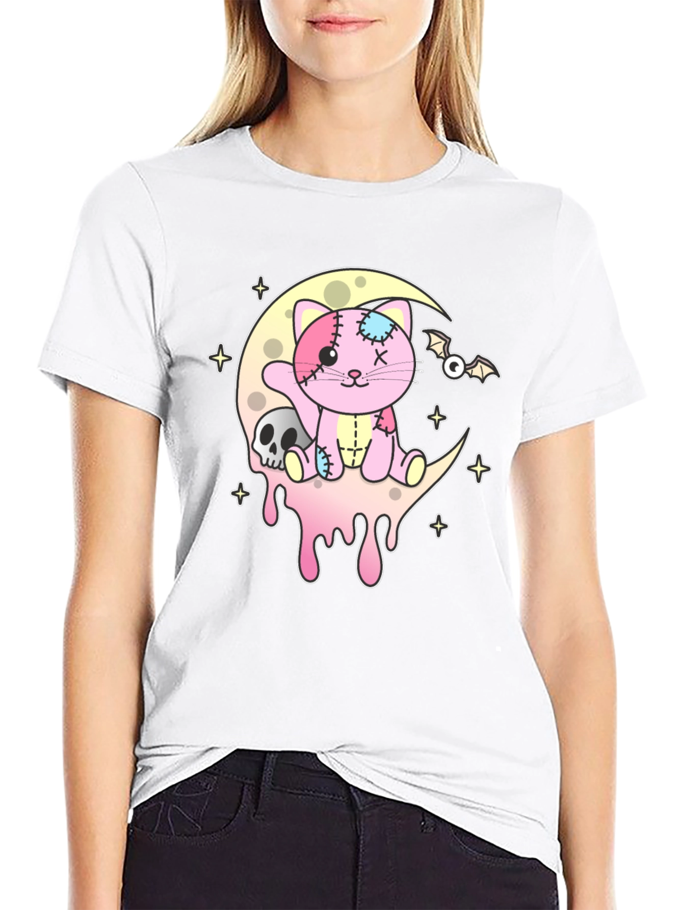 Cute Pastel Goth Cat Skull Moon T-Shirt