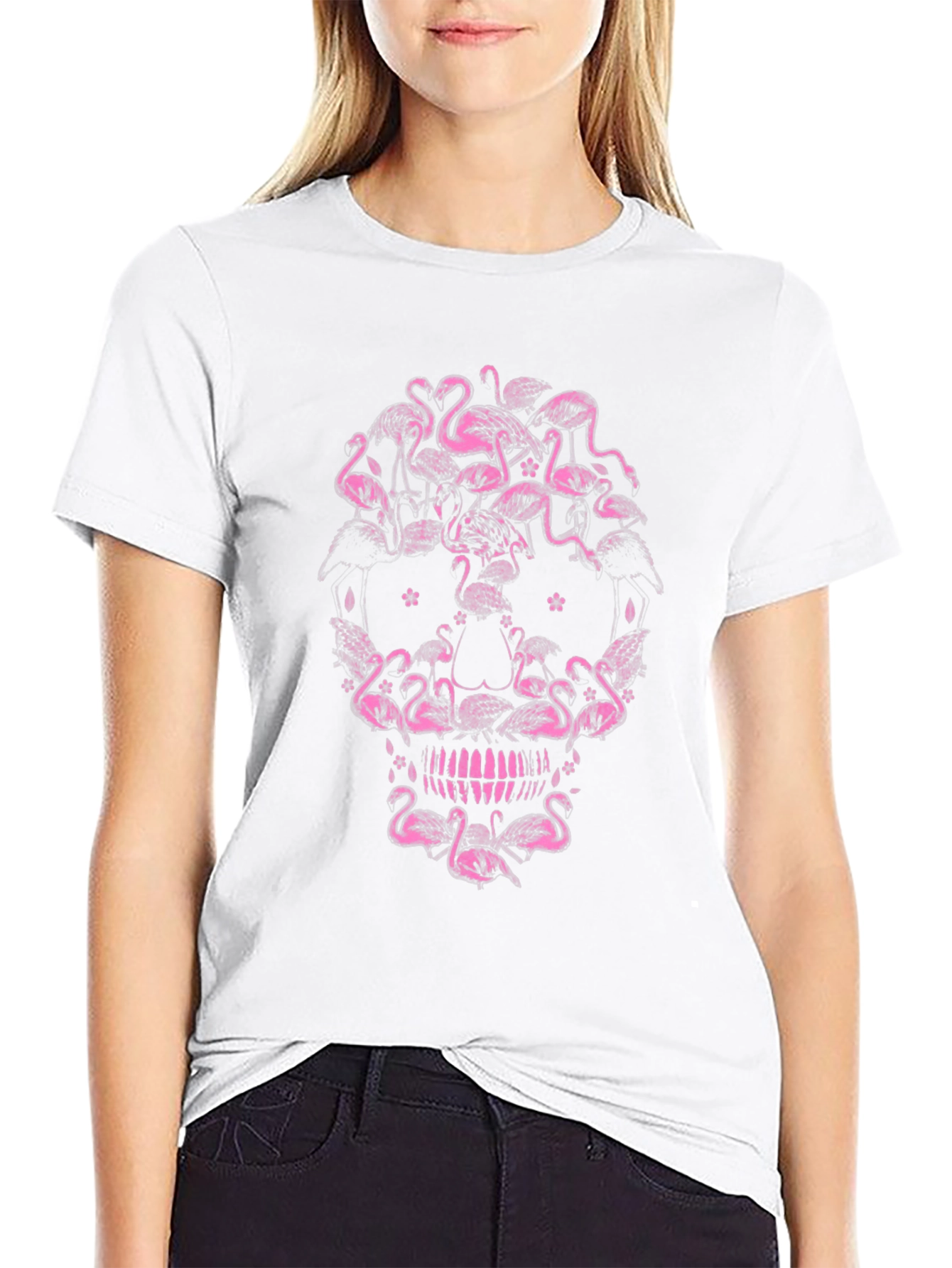 Flamingo Skull Graphic Tee - Unique Pink Design