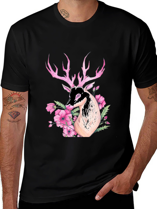 Deer Floral Graphic Black T-Shirt