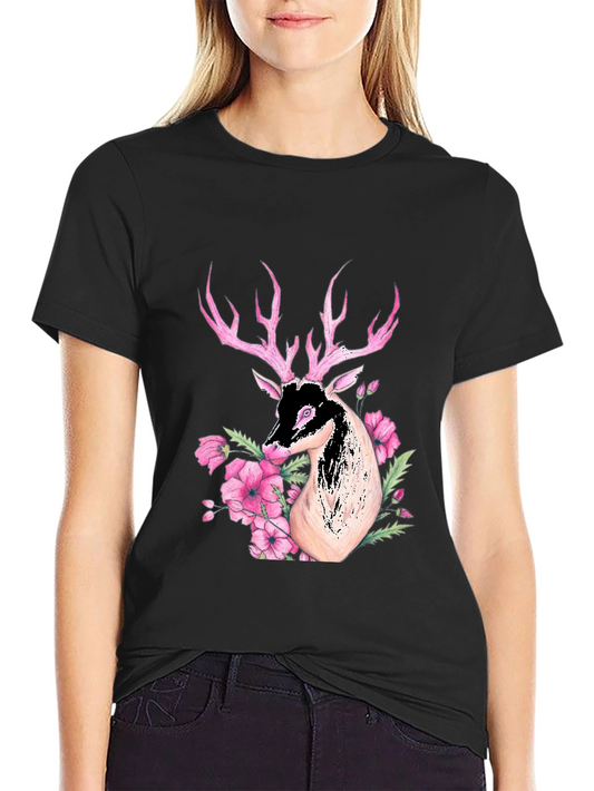 Deer Floral Graphic Black T-Shirt