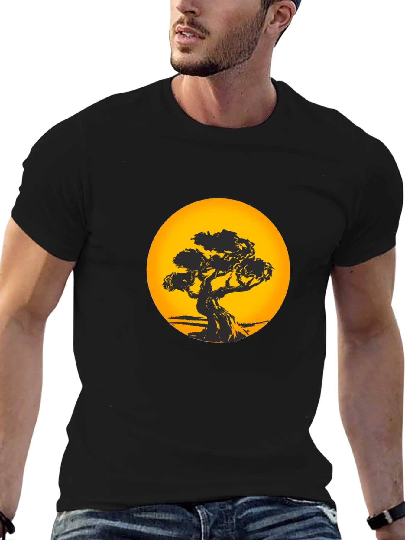 Bonsai Tree Sunset Black T-Shirt