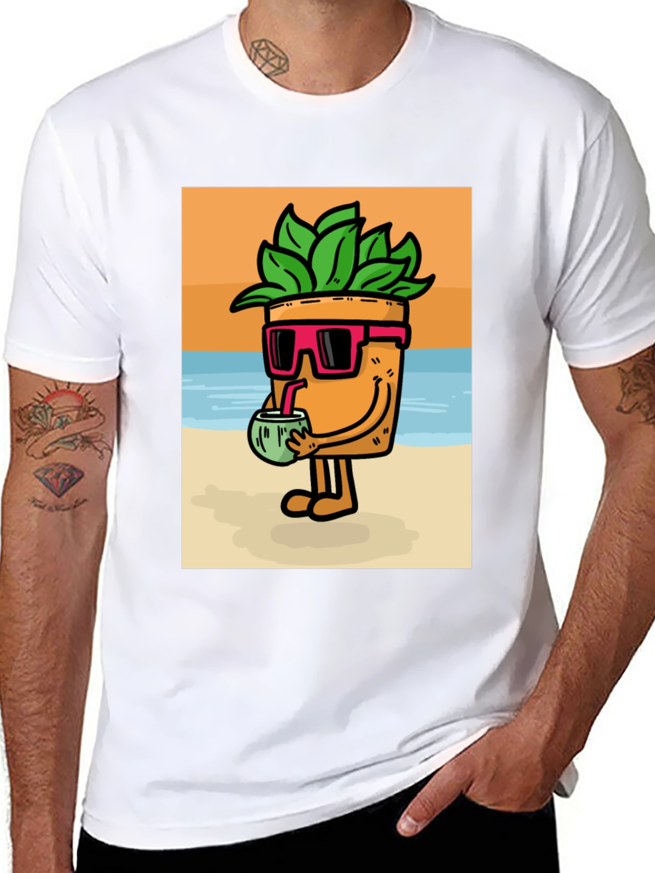 Plant Pot Character Graphic Tee - Beach Vibes
