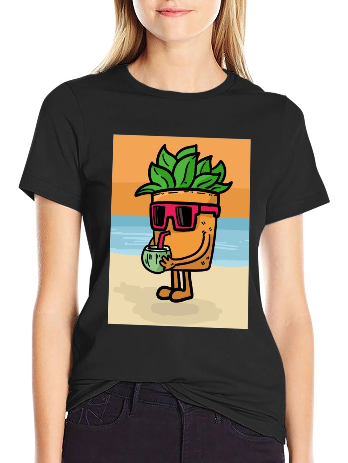 Plant Pot Character Graphic Tee - Beach Vibes