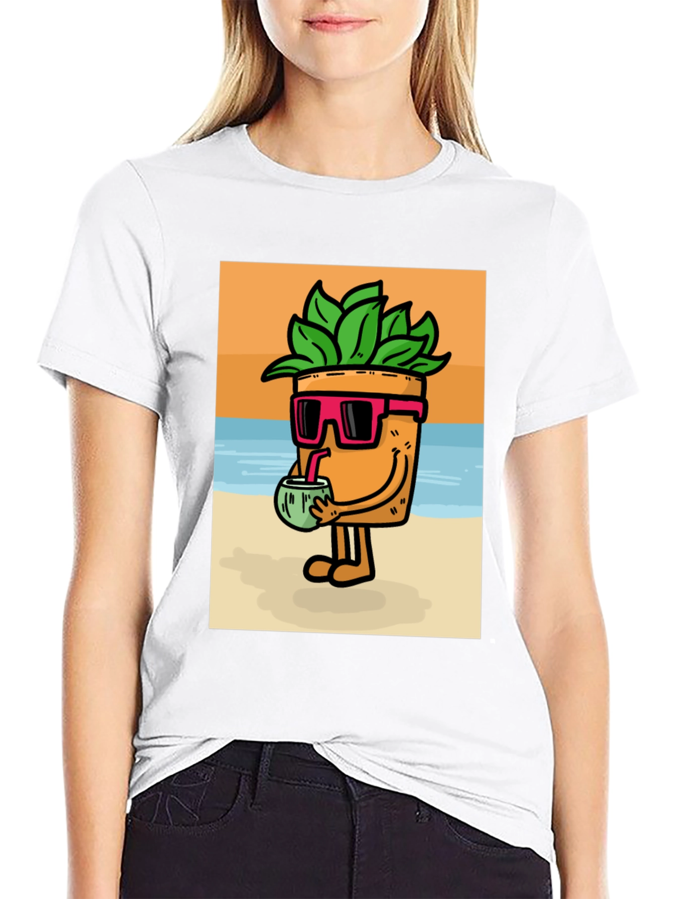 Plant Pot Character Graphic Tee - Beach Vibes