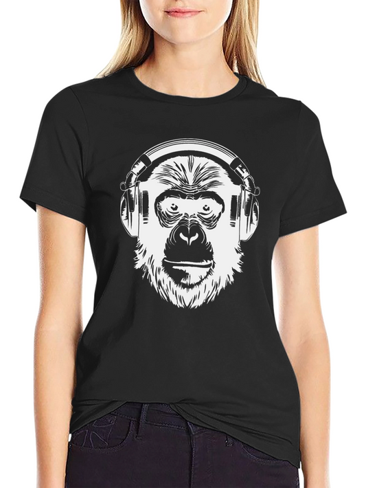 Monkey DJ Graphic T-Shirt - Black Crew Neck Tee