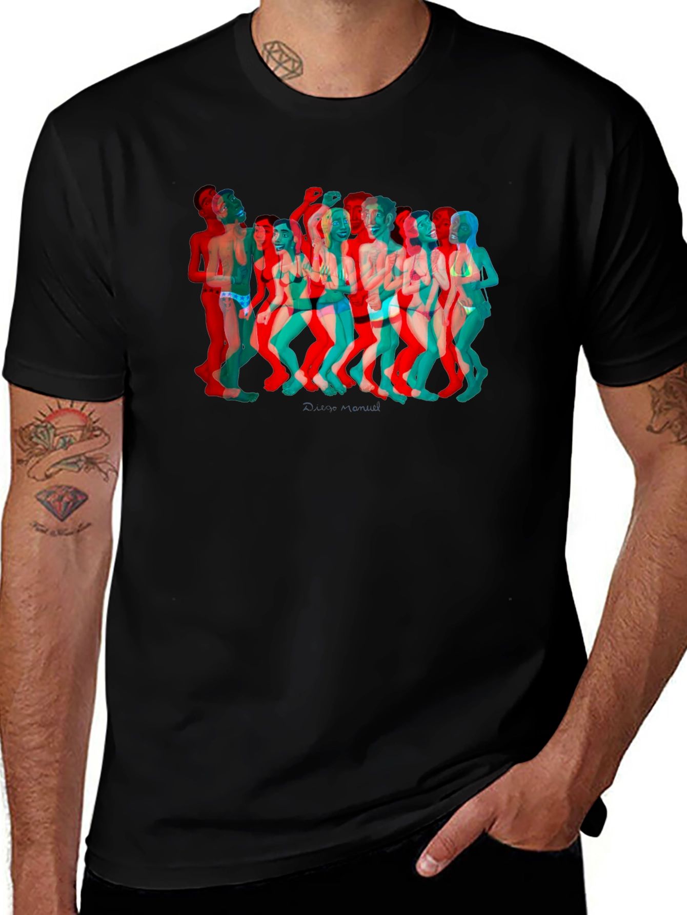 Retro 3D Crowd Graphic Black Tee