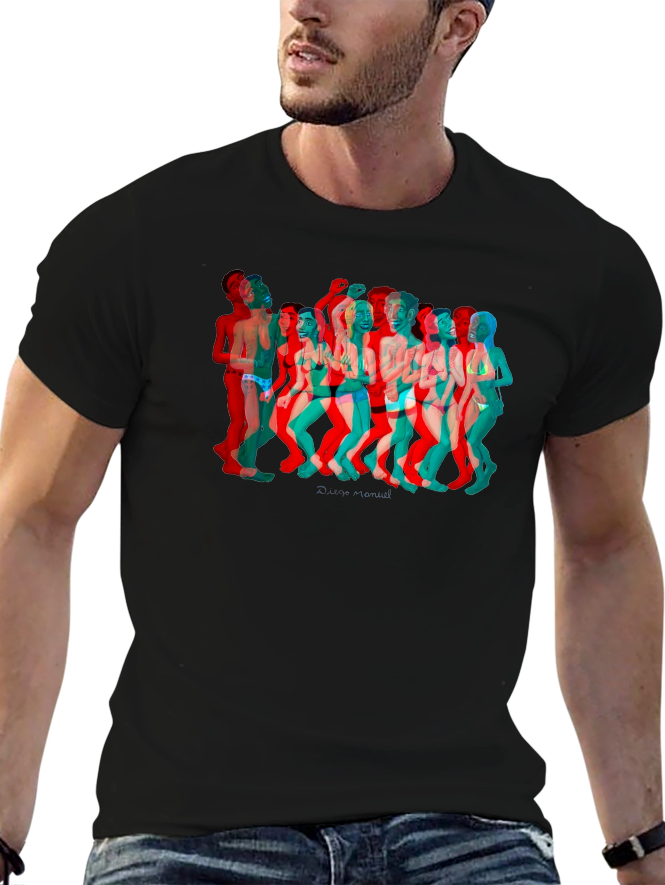 Retro 3D Crowd Graphic Black Tee