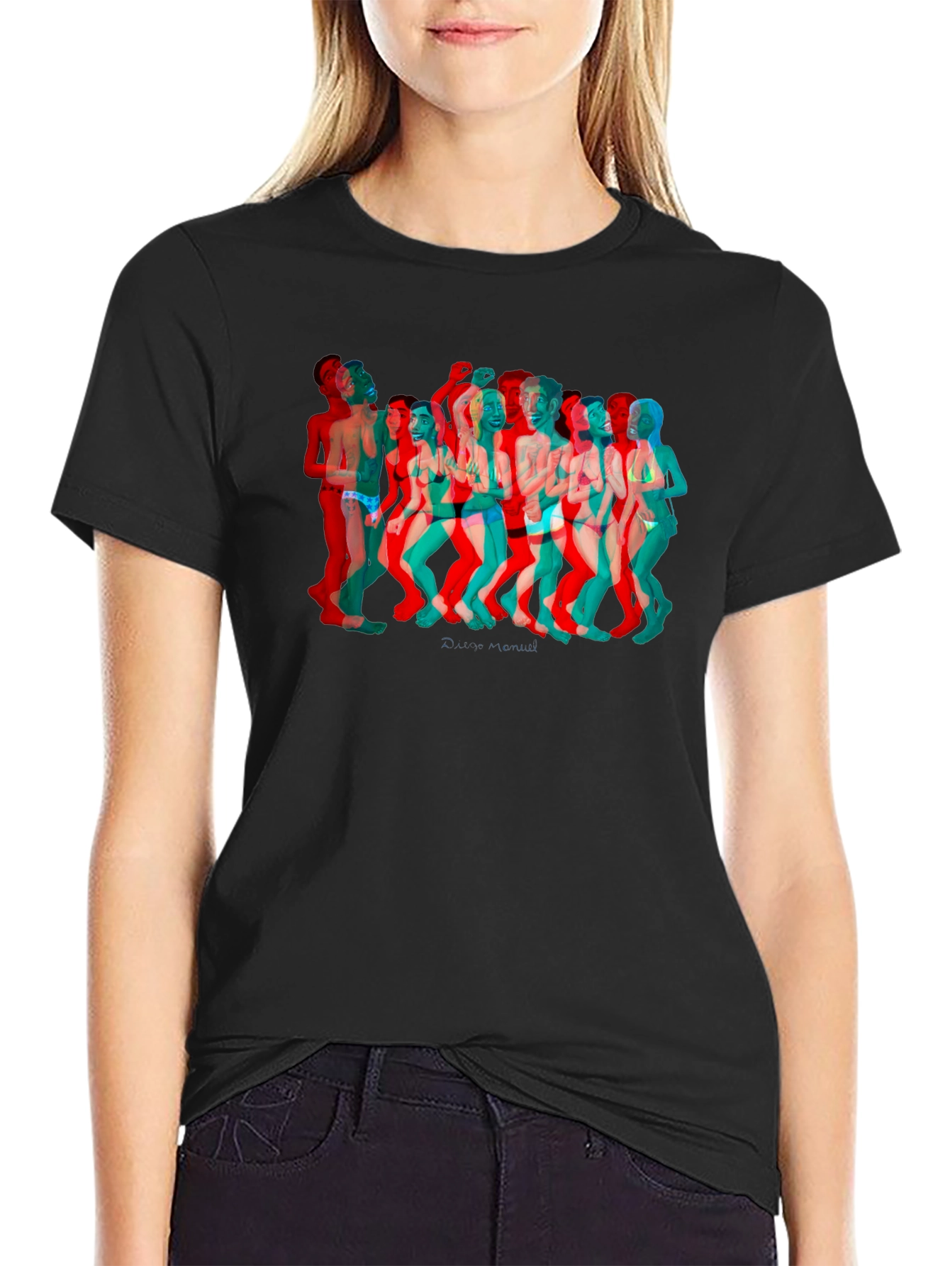Retro 3D Crowd Graphic Black Tee