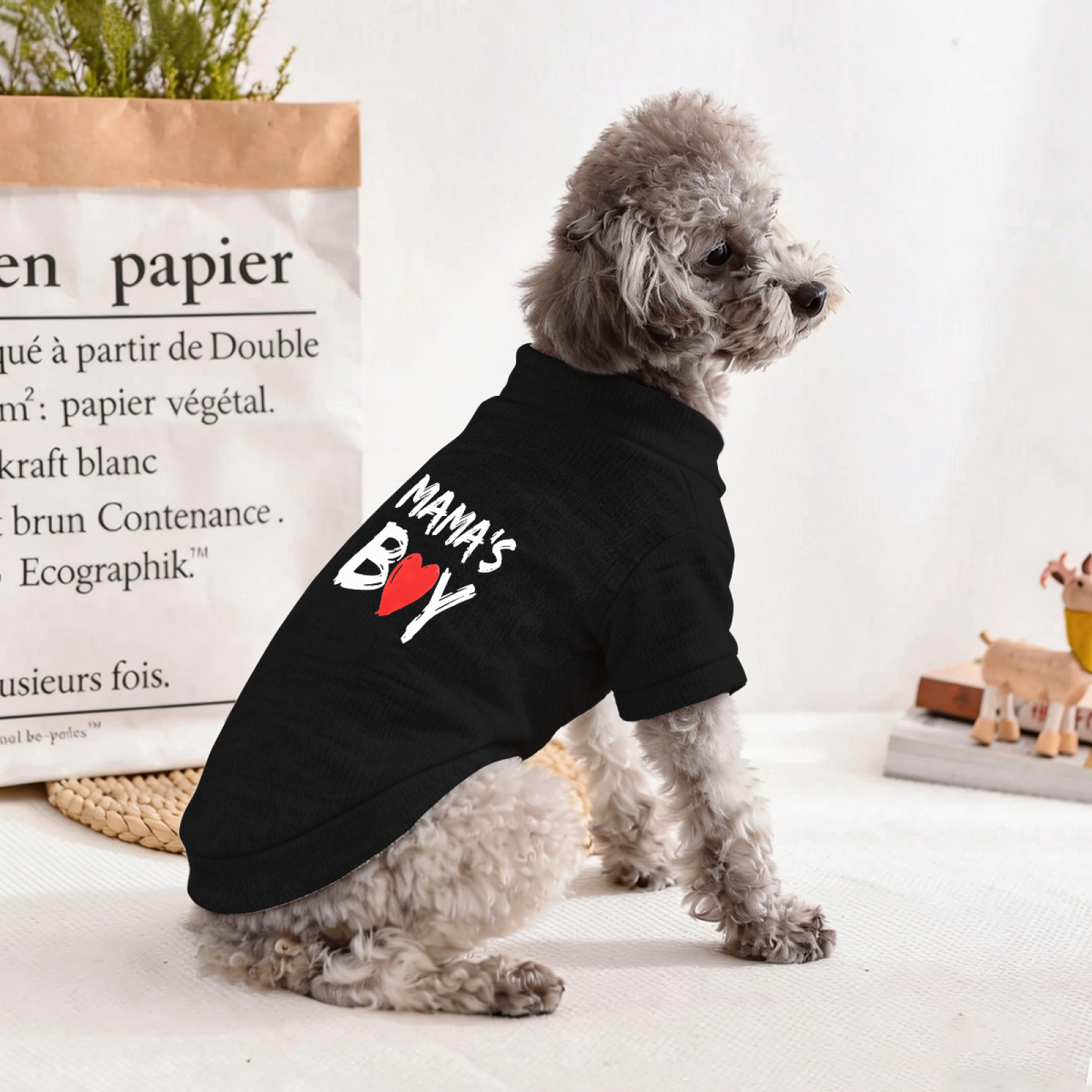 MAMA'S BOY Red Heart Brush Font Dog Black Sweater