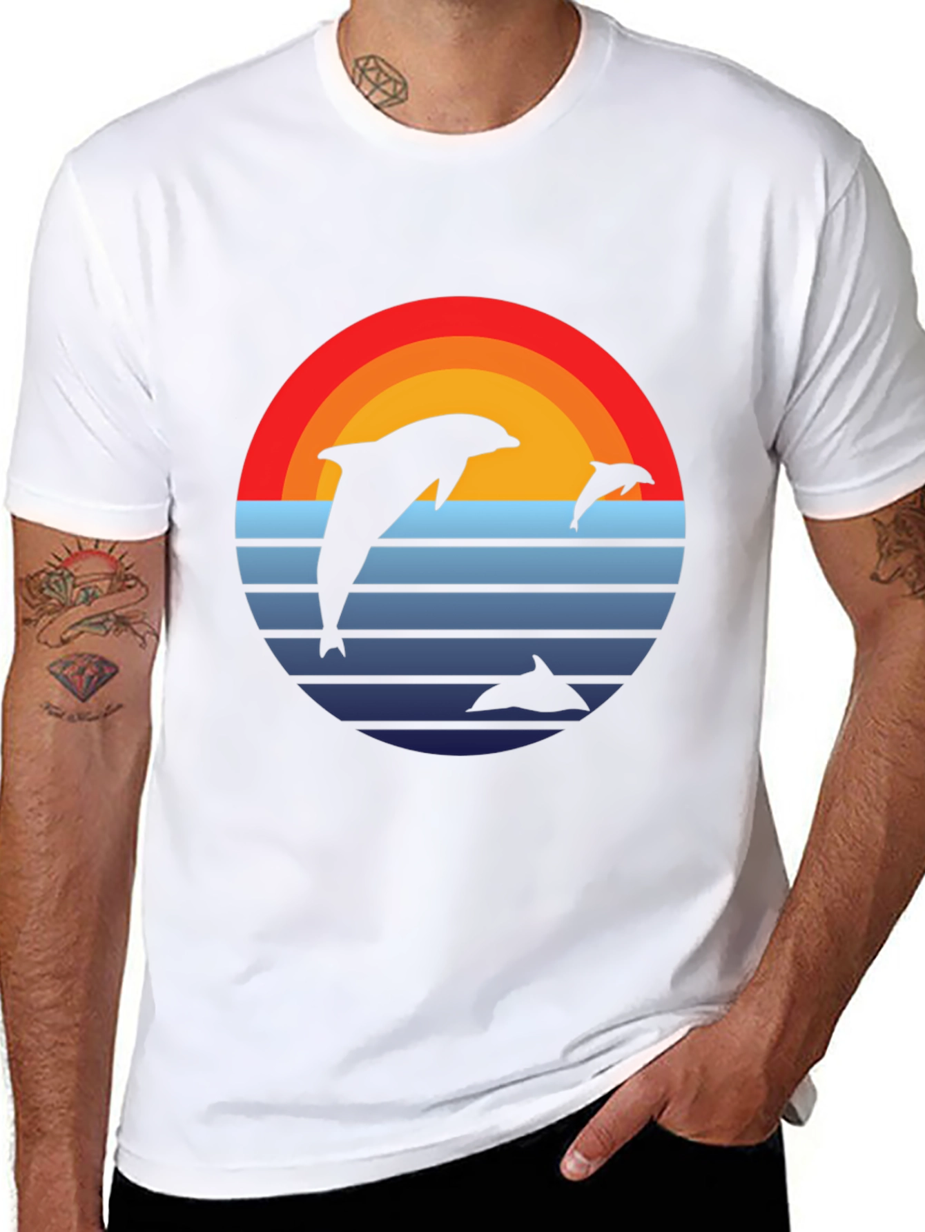 Dolphin Sunset Graphic Tee - Retro Style