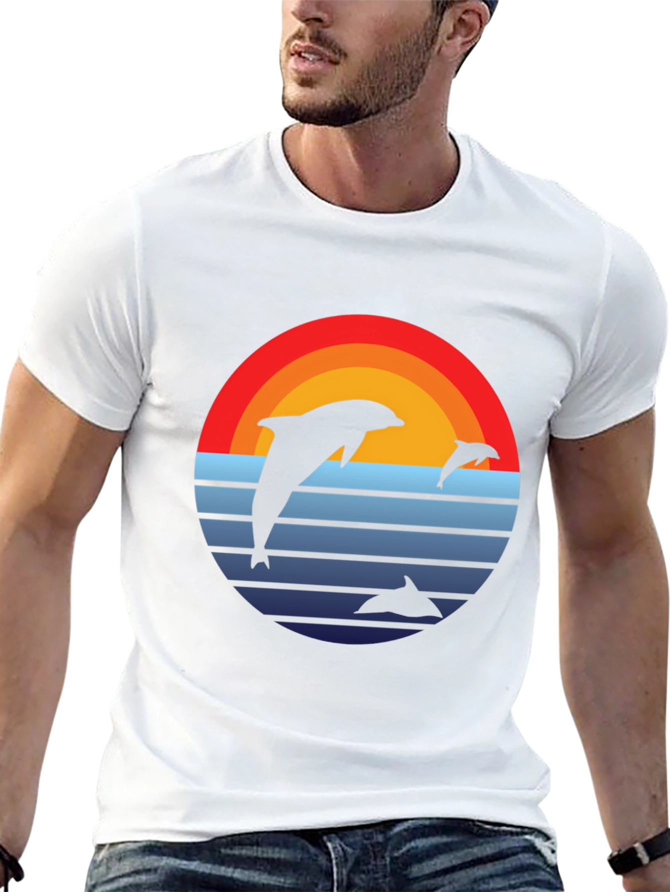 Dolphin Sunset Graphic Tee - Retro Style