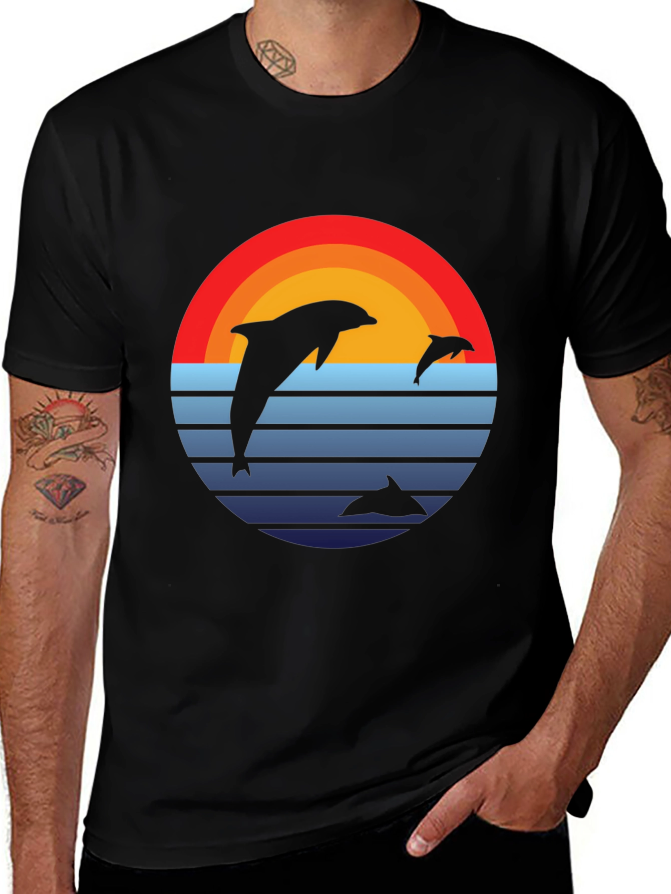 Dolphin Sunset Graphic Tee - Retro Style