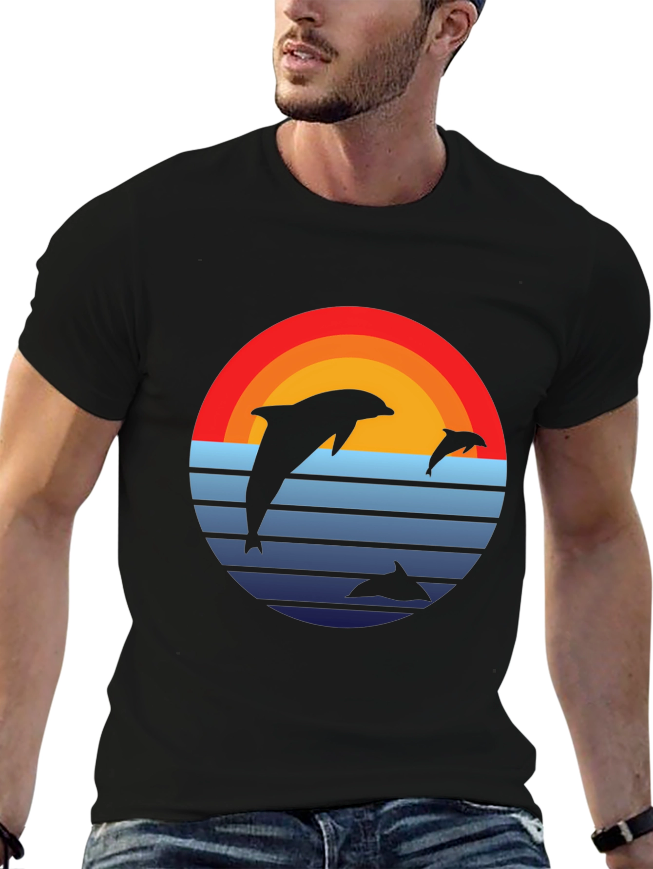 Dolphin Sunset Graphic Tee - Retro Style