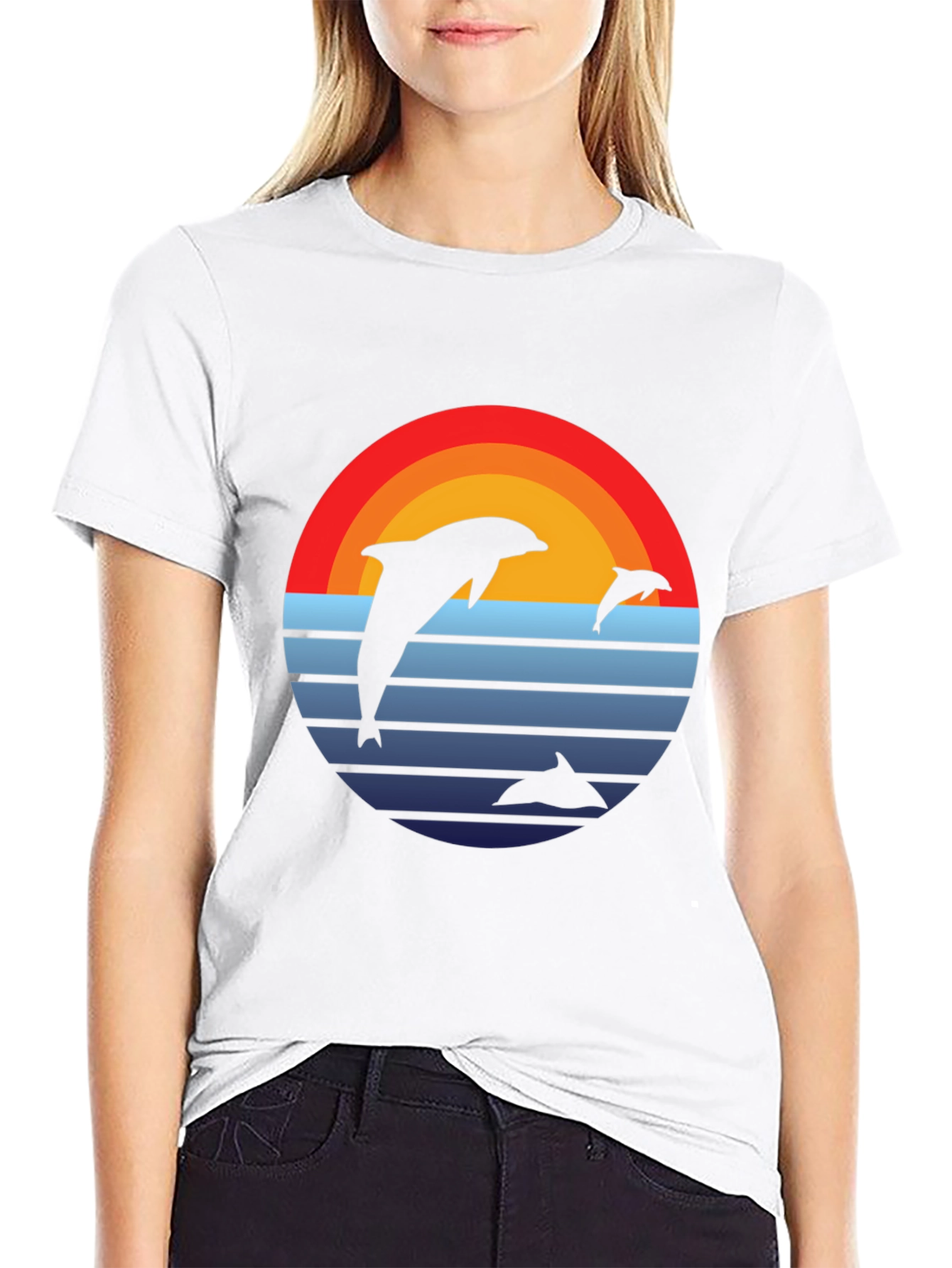 Dolphin Sunset Graphic Tee - Retro Style