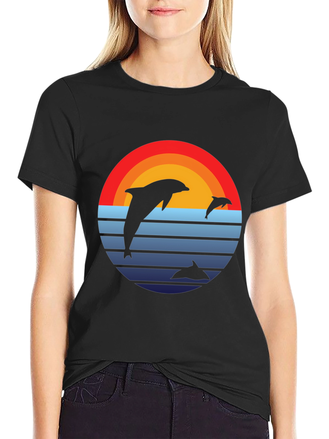 Dolphin Sunset Graphic Tee - Retro Style