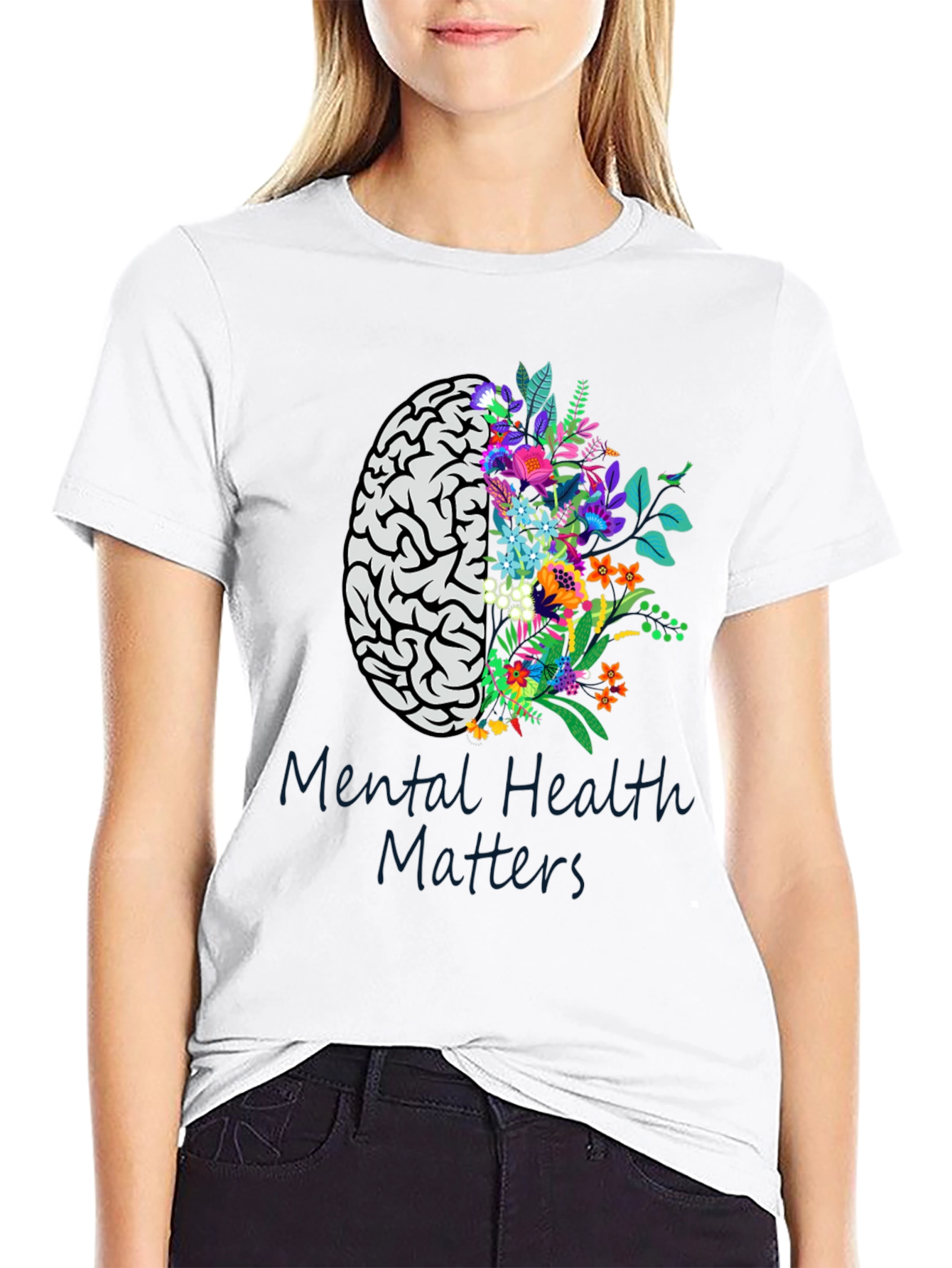 Mental Health Matters Brain & Floral Graphic Tee