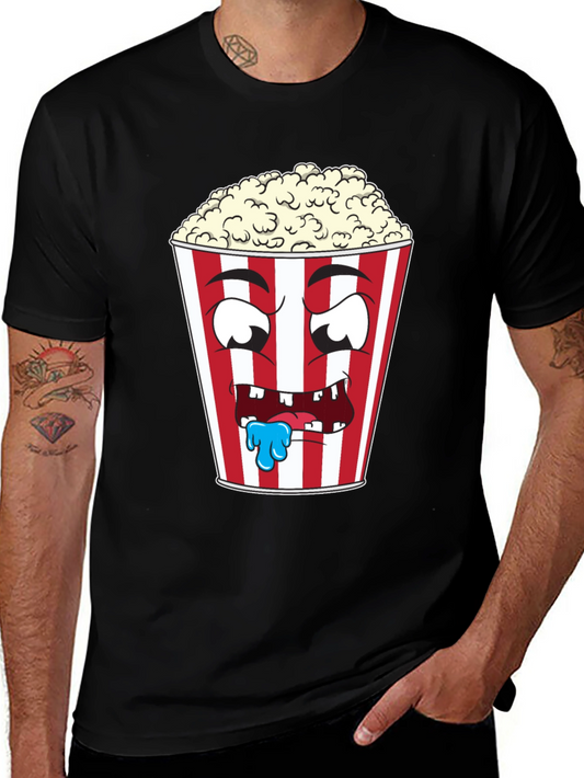 Funny Popcorn Cartoon Graphic Black T-Shirt