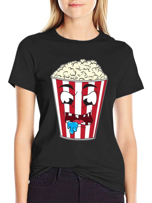 Funny Popcorn Cartoon Graphic Black T-Shirt