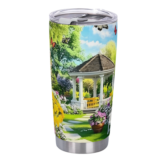 Bright Summer Garden White Gazebo Butterfly Floral Tumbler