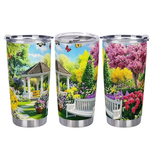 Bright Summer Garden White Gazebo Butterfly Floral Tumbler