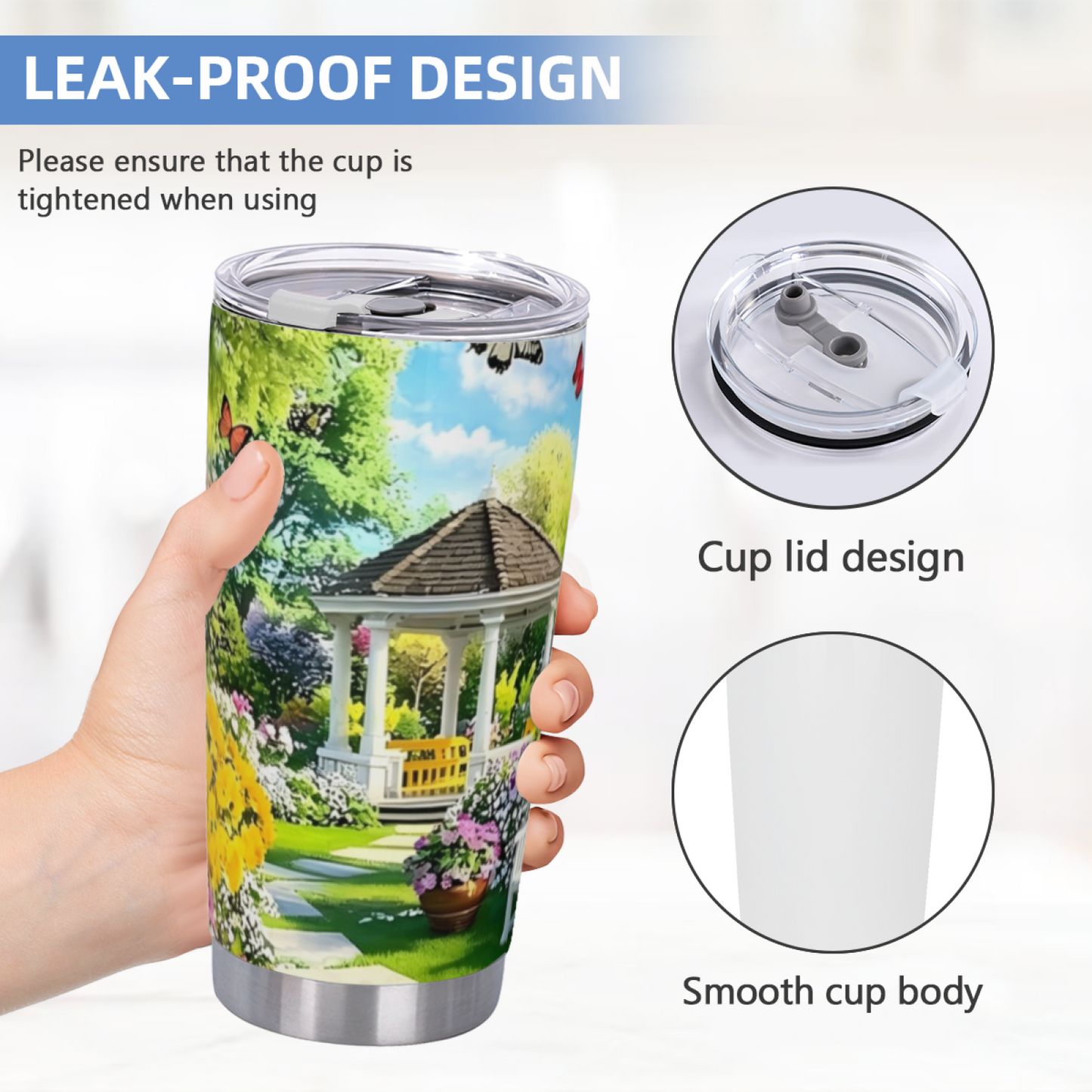 Bright Summer Garden White Gazebo Butterfly Floral Tumbler
