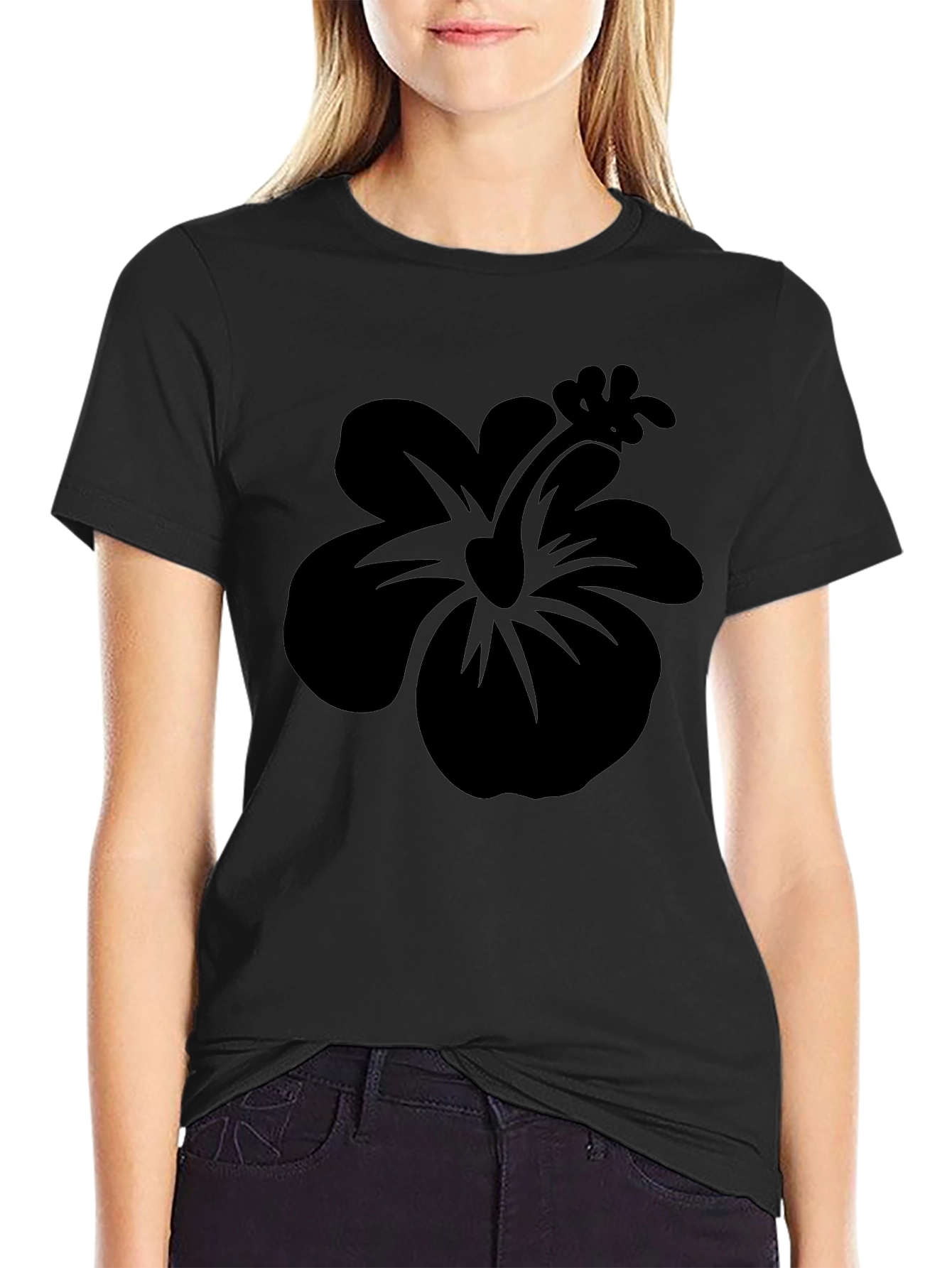Black Hibiscus Flower Graphic T-Shirt