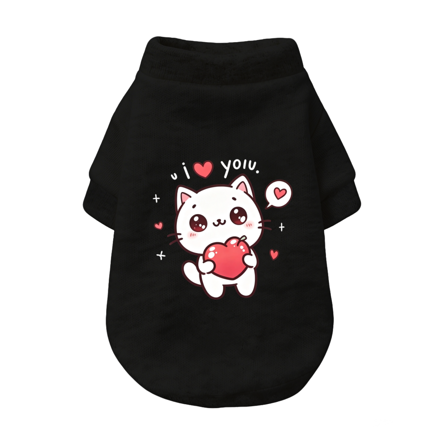 Cute White Kitten I Love You Heart Pattern Black Pet Sweater