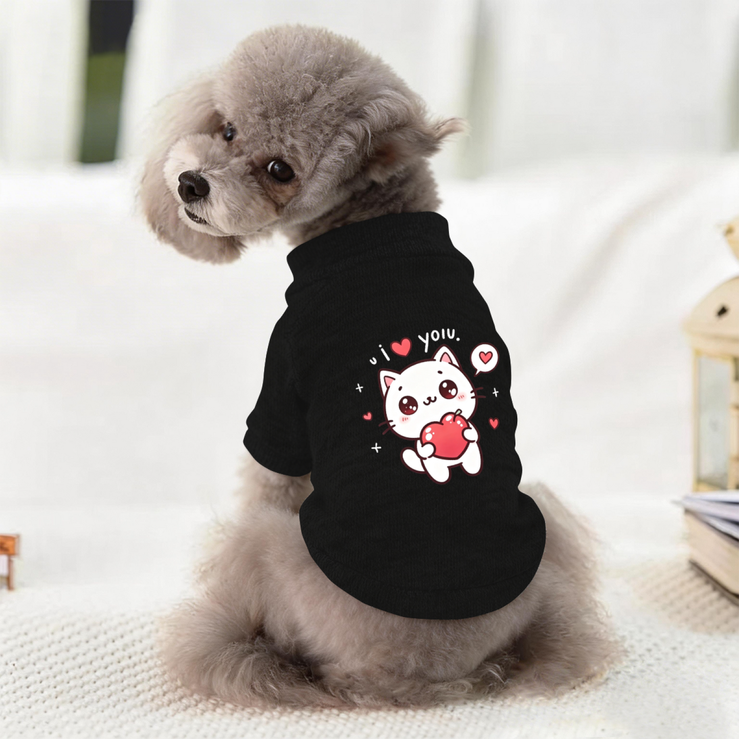 Cute White Kitten I Love You Heart Pattern Black Pet Sweater