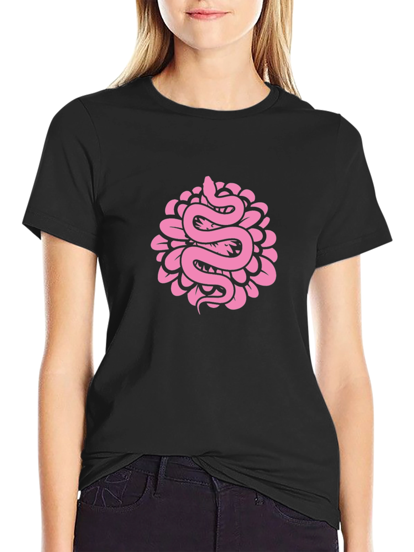 Snake Flower Graphic Tee - Black Cotton T-Shirt