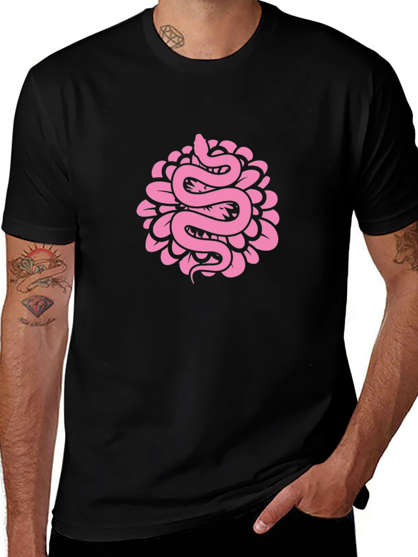 Snake Flower Graphic Tee - Black Cotton T-Shirt