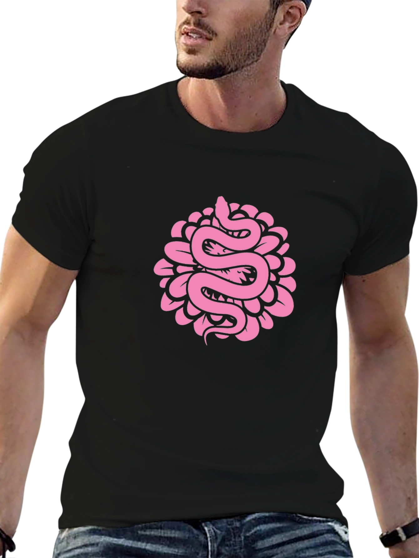Snake Flower Graphic Tee - Black Cotton T-Shirt