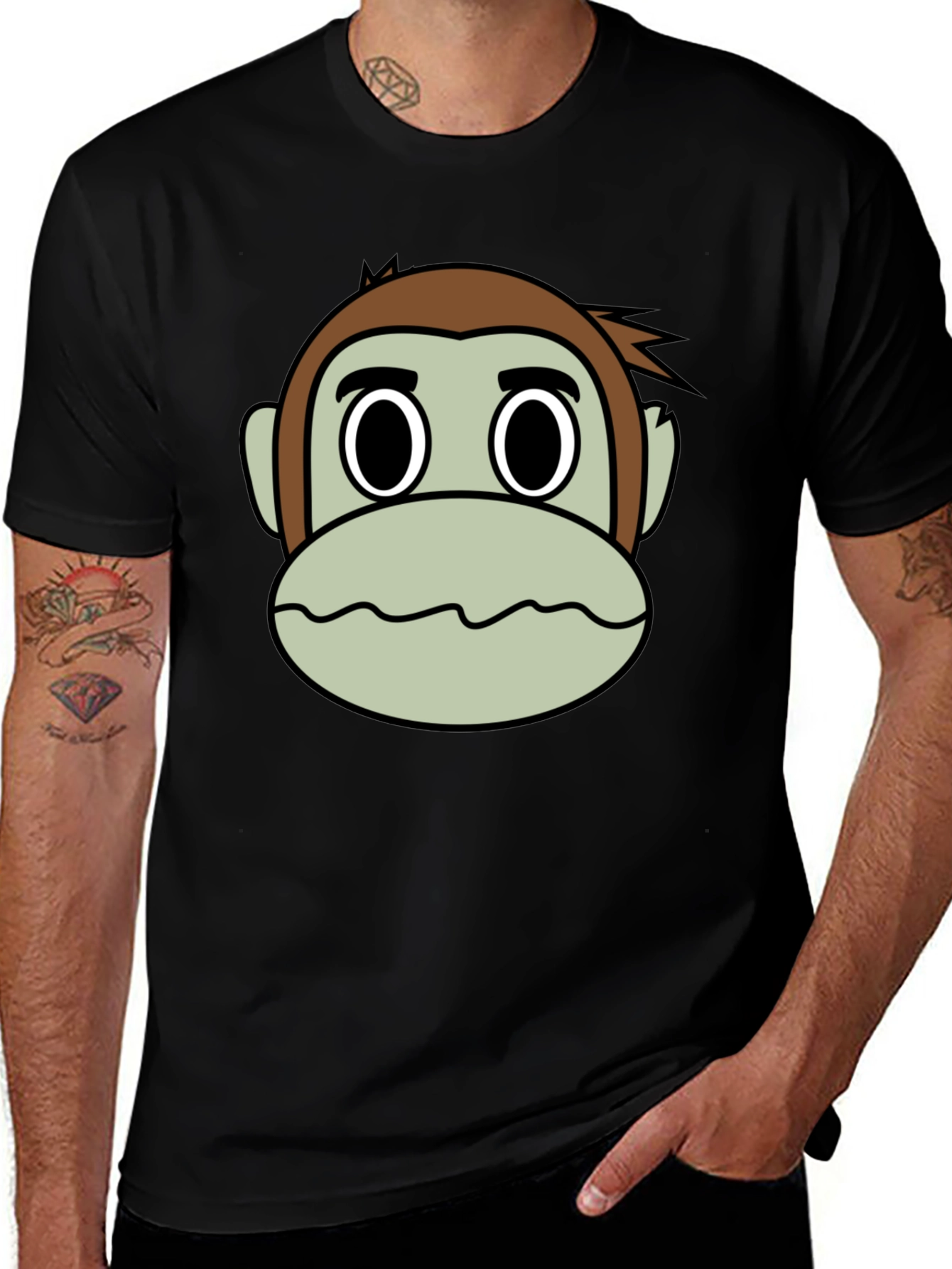 Cartoon Monkey Face Black T-Shirt