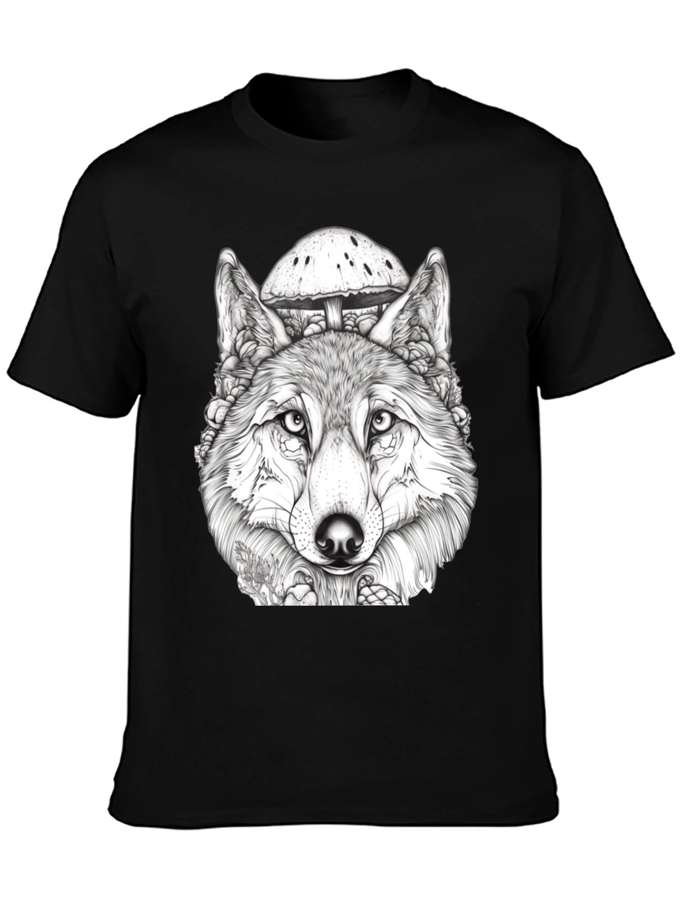 Wolf & Mushroom Graphic Tee - Unisex Black T-Shirt