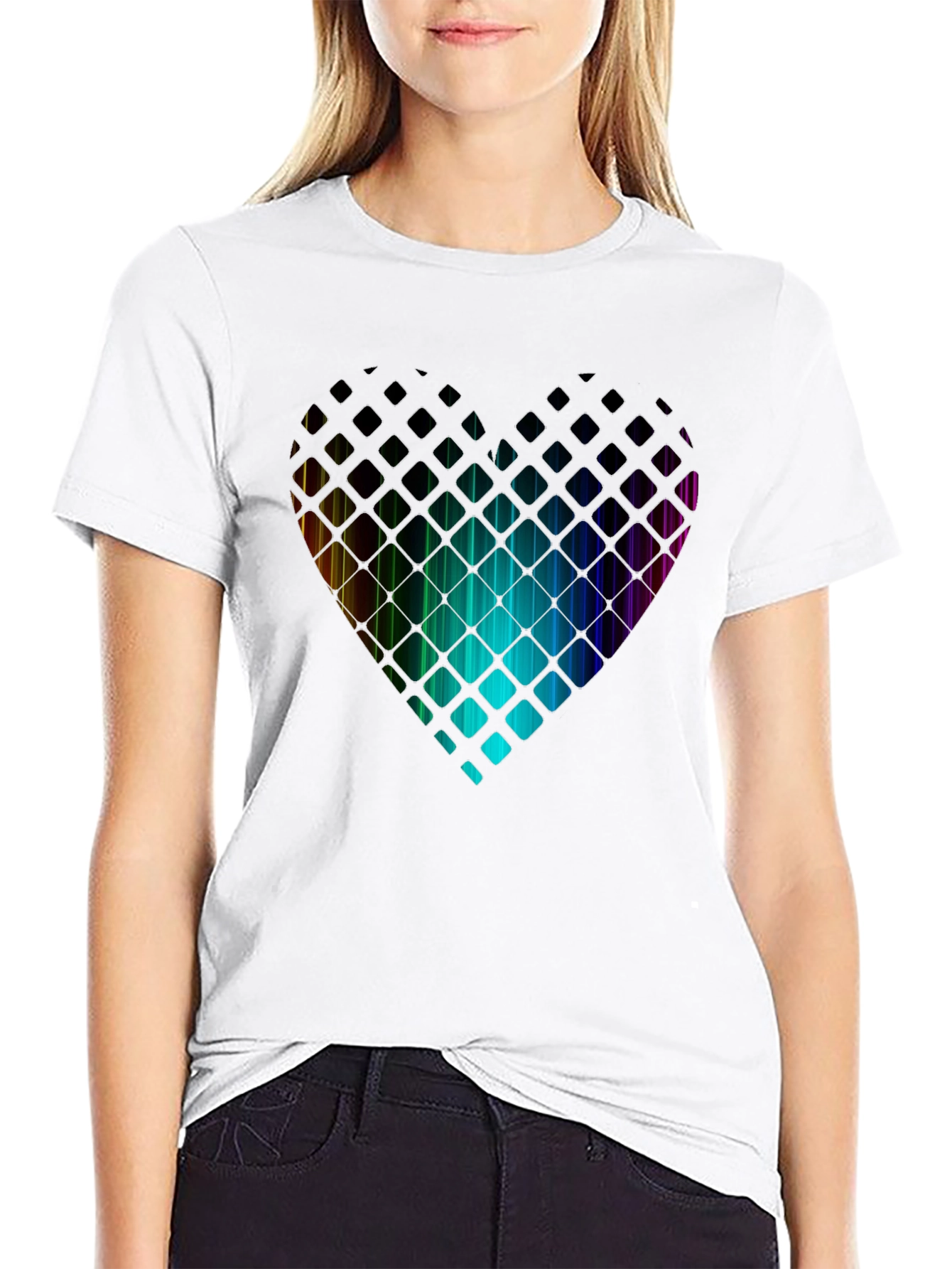 Rainbow Heart T-Shirt - Geometric Pixel Design