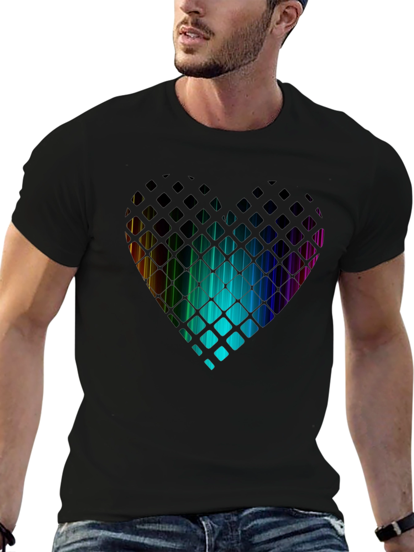 Rainbow Heart T-Shirt - Geometric Pixel Design