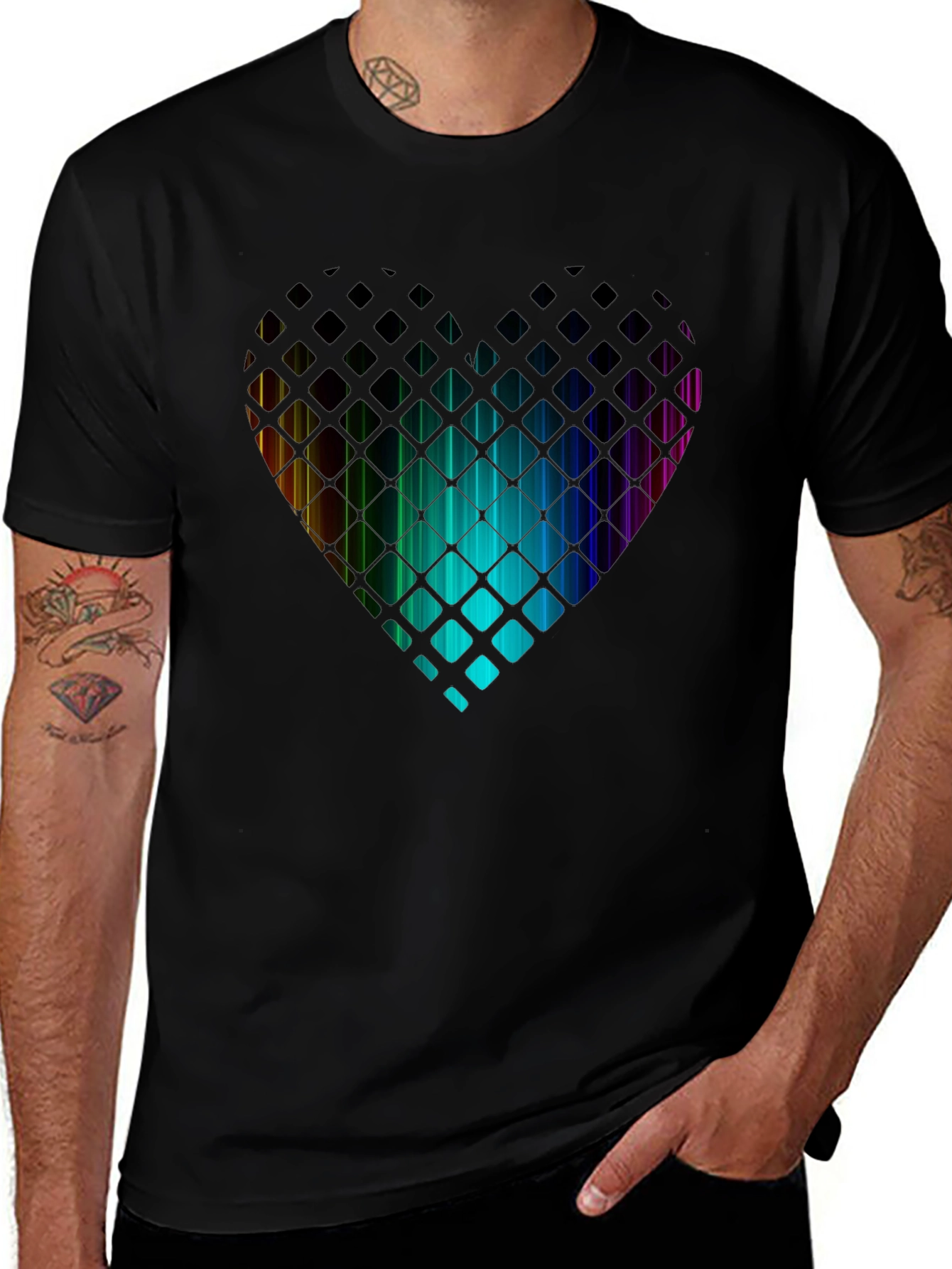 Rainbow Heart T-Shirt - Geometric Pixel Design
