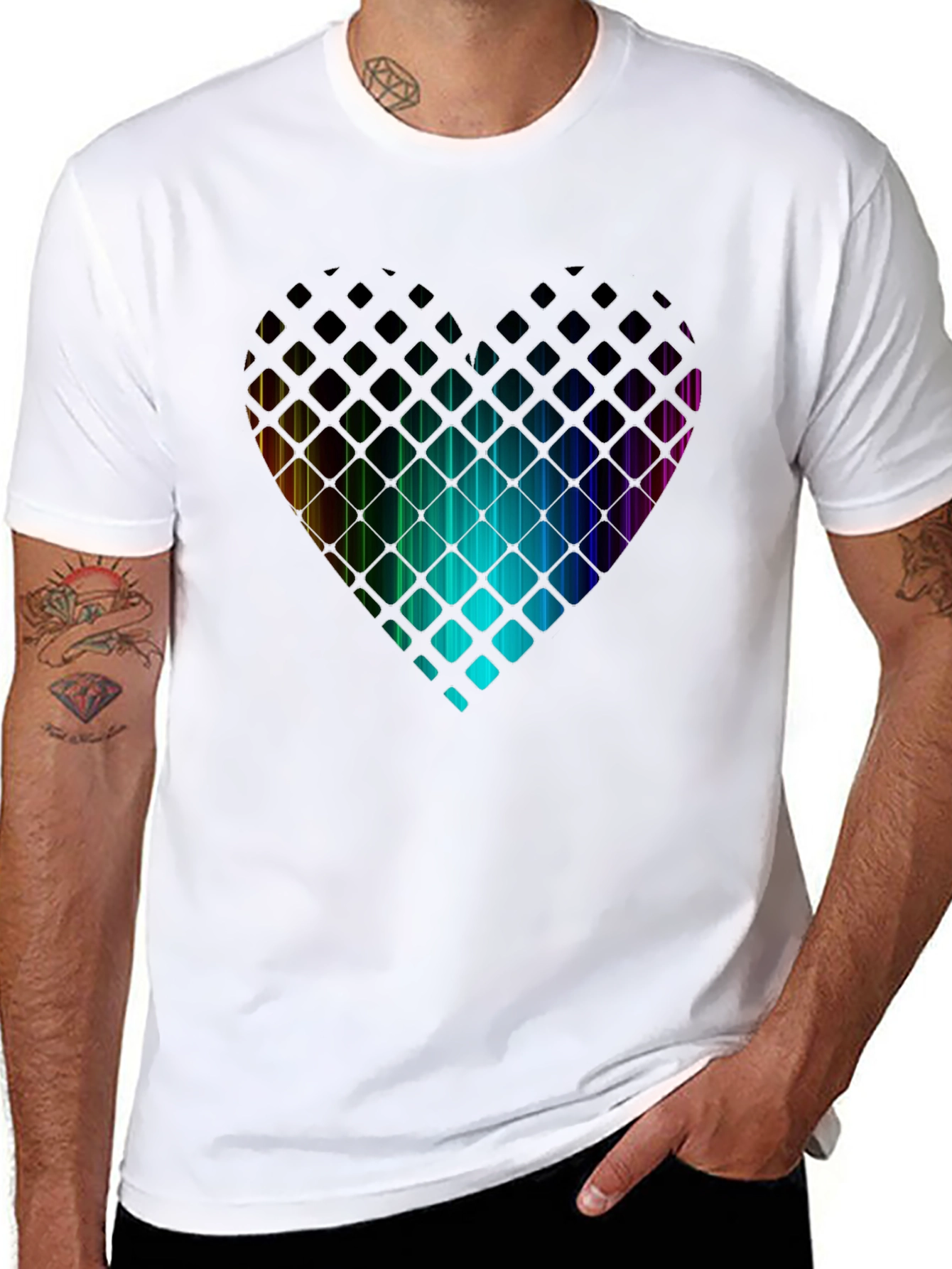 Rainbow Heart T-Shirt - Geometric Pixel Design