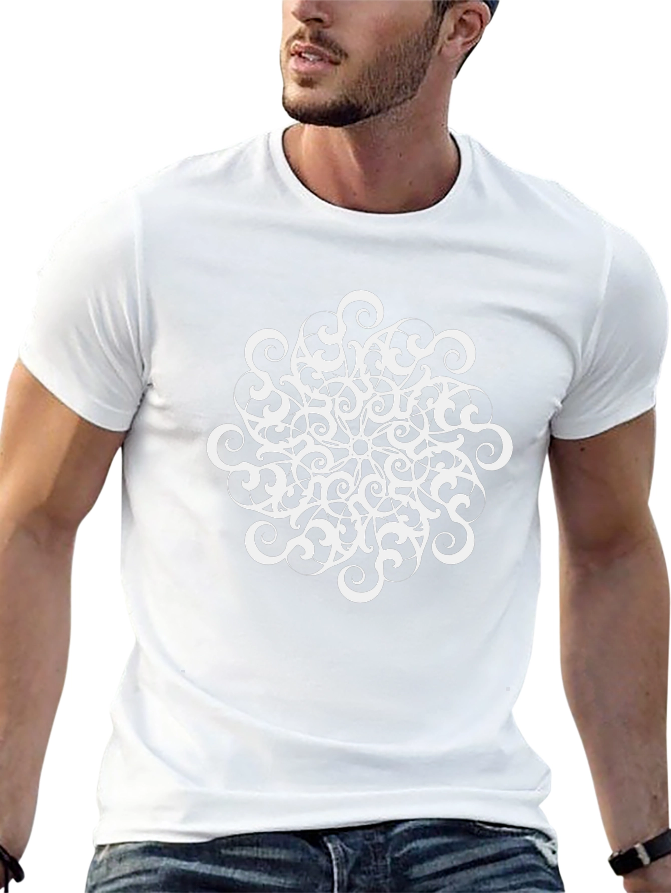 Black T-Shirt with White Mandala Design