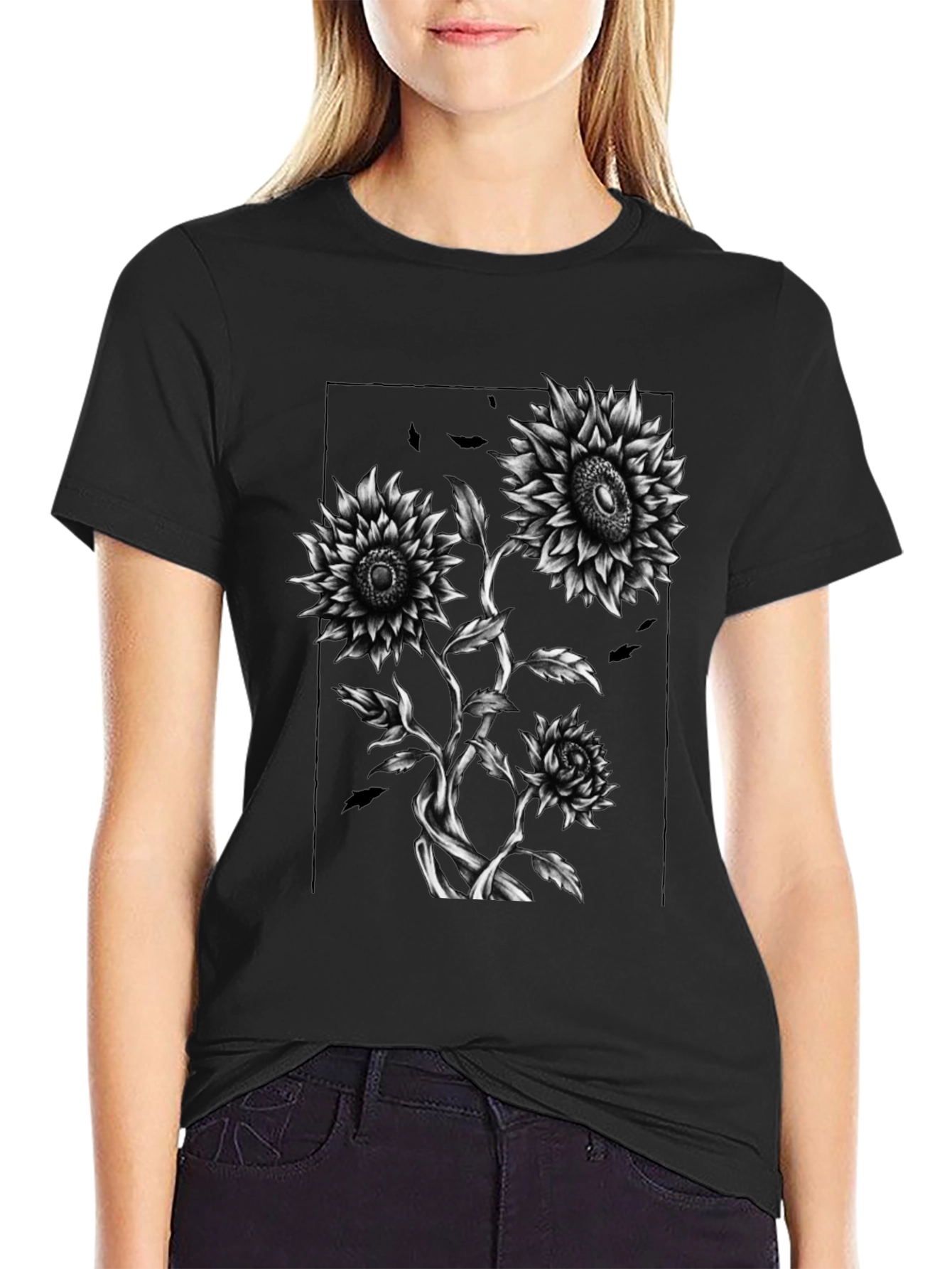 Sunflower Graphic Print Black T-Shirt