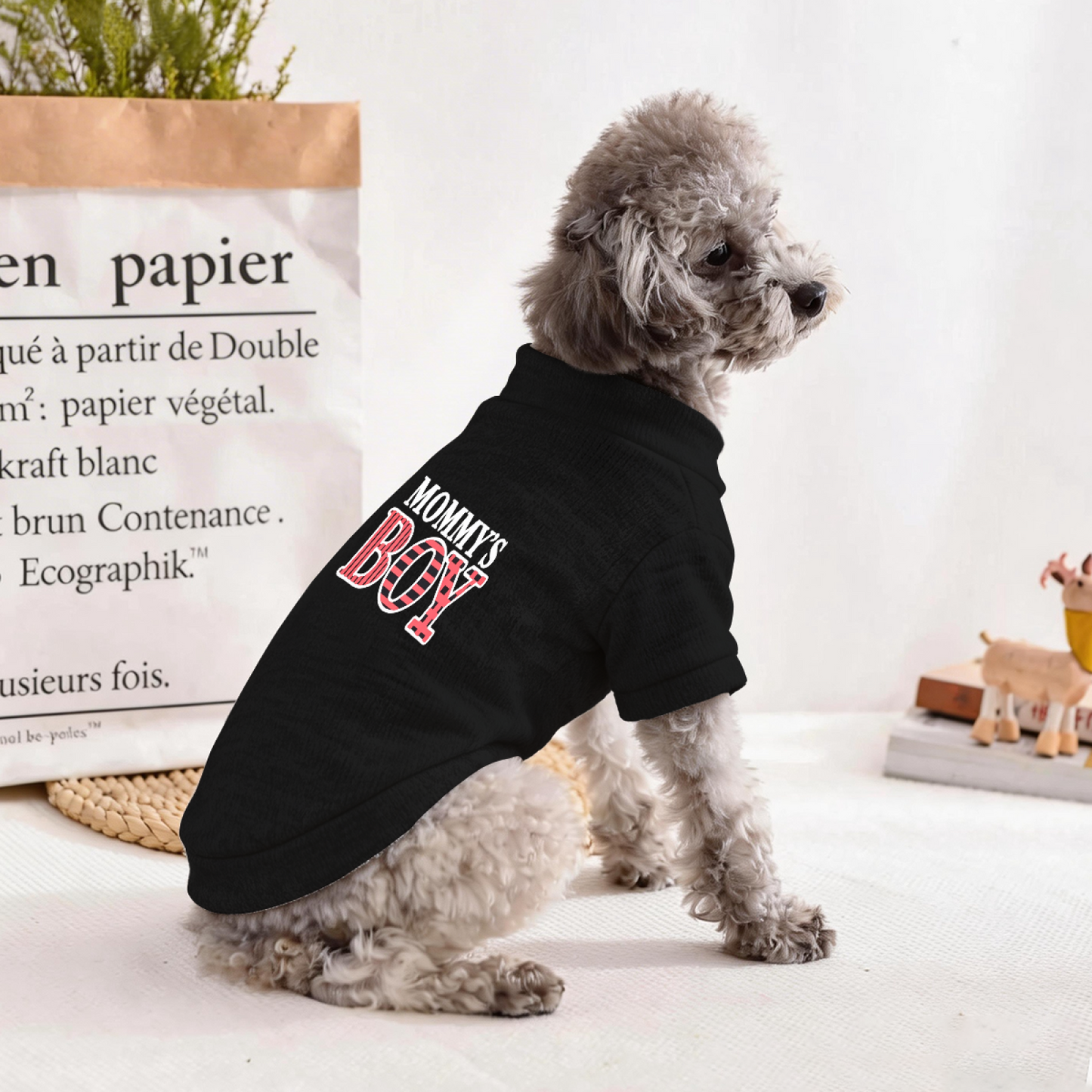 Pink Plaid Mommy's Boy Black Pet Sweater, Eye?Catching Boy Dog Outfit