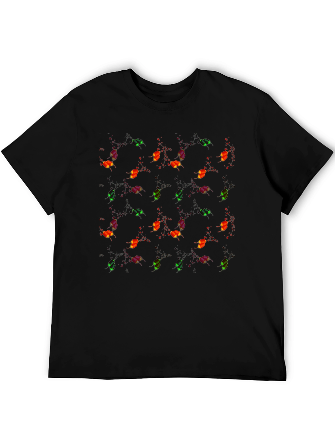Whimsical Firefly Pattern Black Crew Neck T-Shirt