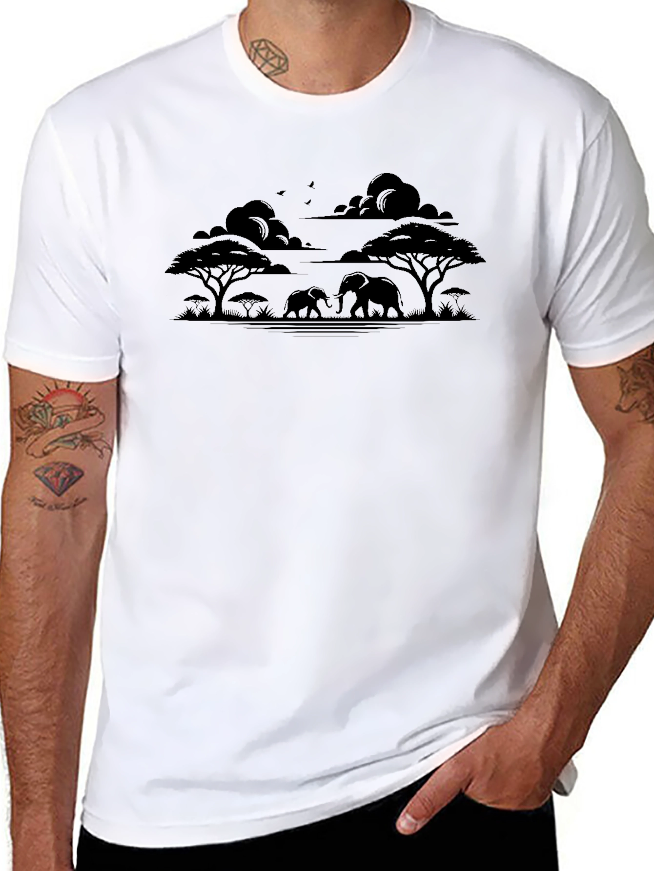 Savanna Elephant Silhouette Black T-Shirt