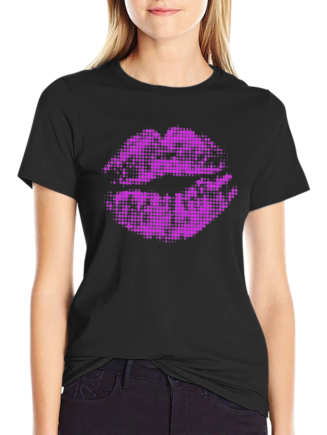 Purple Lips Graphic Black T-Shirt