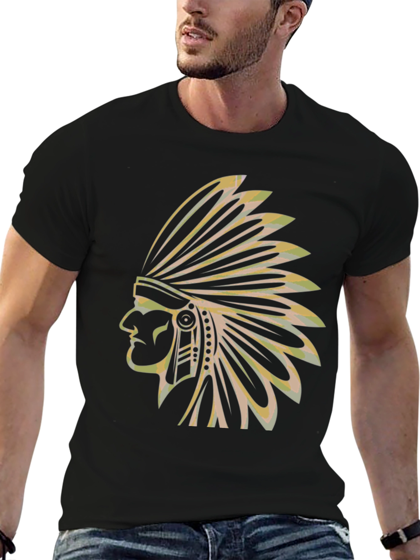 Mens Black T-Shirt with Native American Chief Graphic